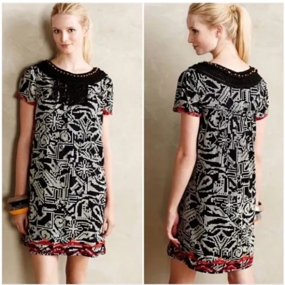 Anthropologie Floreat‎ Abelia Beaded Fringe Geometric Dress Size Small